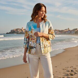 Chico's Jacket Women's Size 2 M Mediterranean Coastal 3/4 Sleeve Pocket Cotton